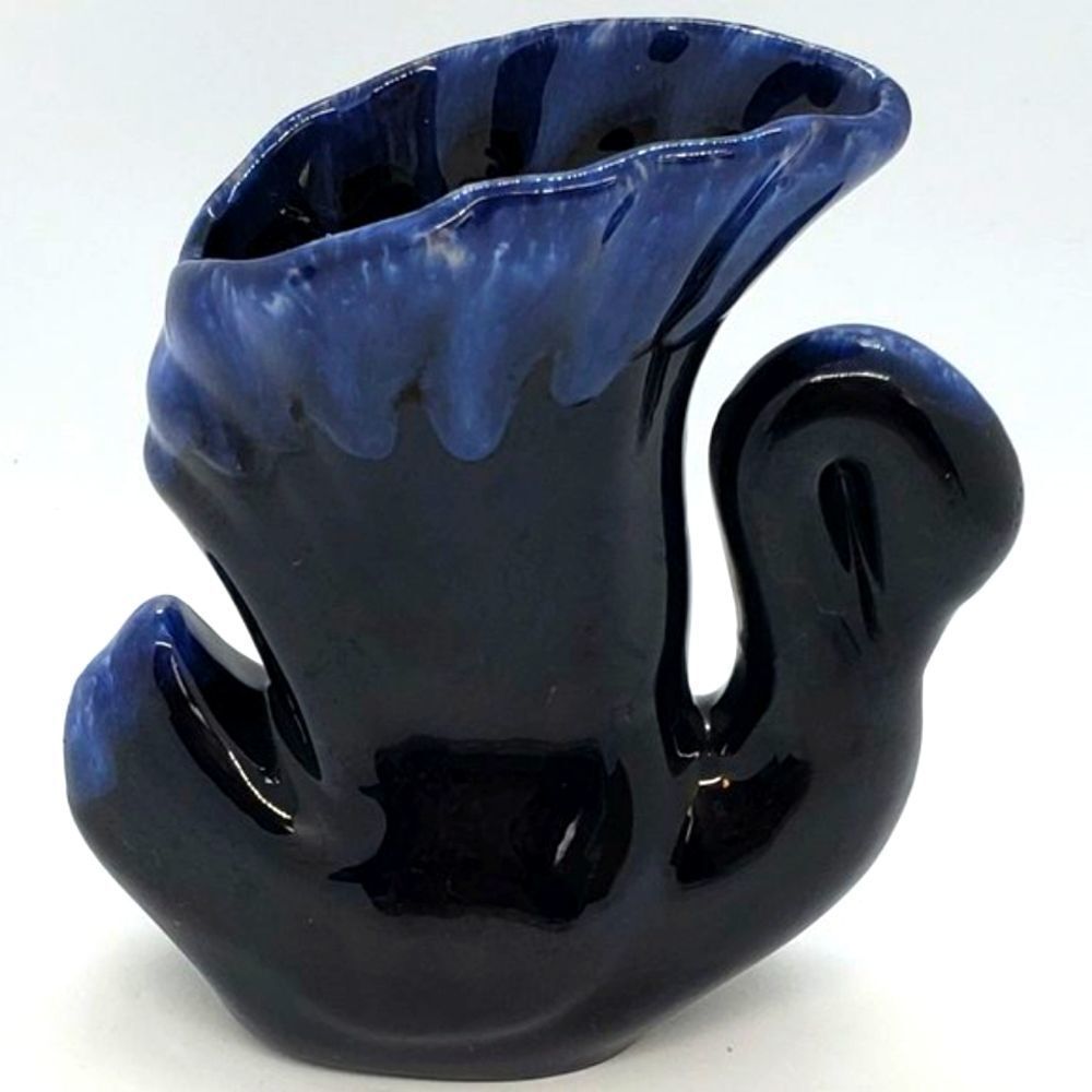 Small Vintage Blue Drip Glaze Art Pottery Swan Vase